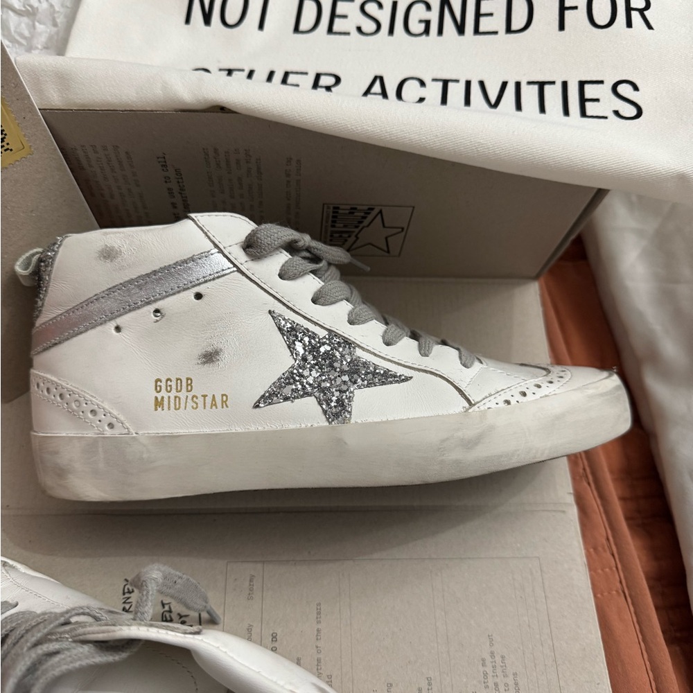 Golden Goose White and Silver Mid Star Sneakers